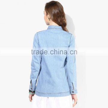 Newest Fashion Design Plain Light Blue Women Jeans Jacket Wholesale photo-2