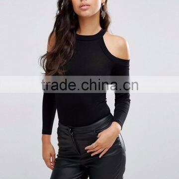 High Neck And Cold Shoulder Bodysuit Plain Black Spandex Tight Bodysuit Women Wholesale Price photo-2