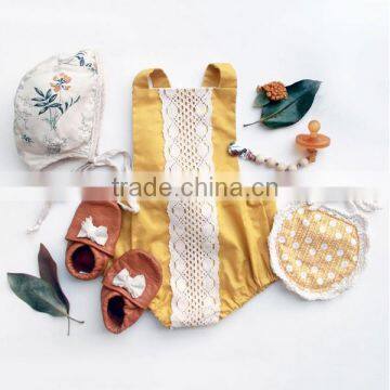 Trendy Newborn Baby Apparel Baby Kids Yellow Plain Romper Lace Design Clothes