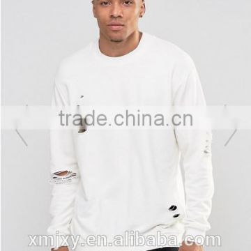 2016 latest design ripped long sleeve for men white t shirt