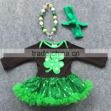 2016 new St Patrick shamrock paillette tutu dresses girls baby kids clothes romper with matching necklace and headband set