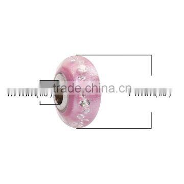 Lampwork Glass & Cubic Zirconia European Style Large Hole Charm Beads Round Light Pink Clear W/ Stainless Steel Core photo-2