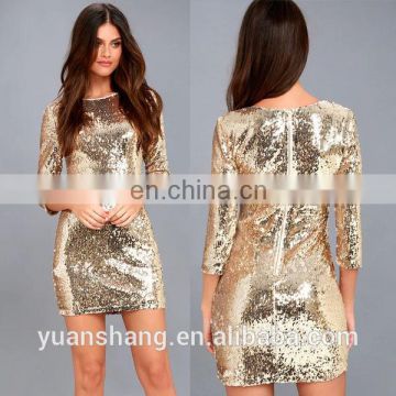 2017 Latest Design Long Sleeve Gold Sequin Bodycon Dress For Women