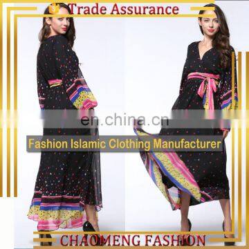 9031#Europe and the United States Popular Women dresses Wave Point Lantern Sleeves V-Neck lace Plus Size Chiffon dress 2017