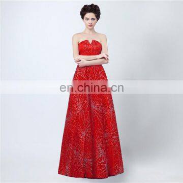 High Quality Elegant A line Red Strapless Backless Satin Lace-up Sleeveless Sequins Floor-length Evening Dresses