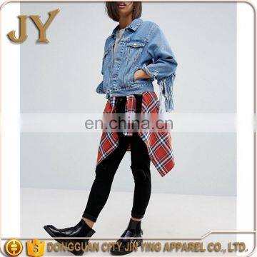 New Design Women Long Sleeve Summer Denim Midwash Blue Short Jackets With Fringed Back photo-2
