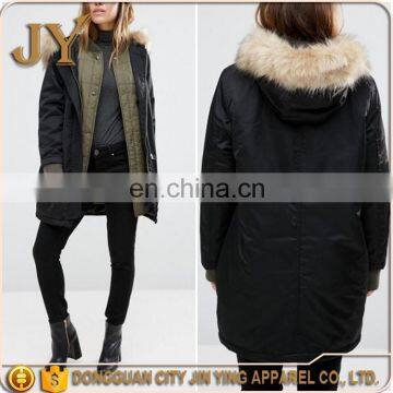 Winter Clothes Black Parka with Ribbed Collar Women Faux Fur Trim Coats JYABC050