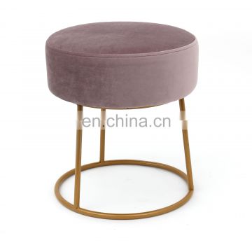 Customized pink fabric velvet stool chairs and soft ottoman shoe stool with gold matel base