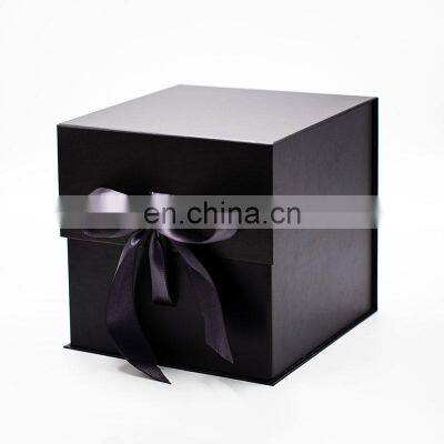 Wholesale ready stock bulk retail packaging black cube shape ribbon gift box with magnetic lid