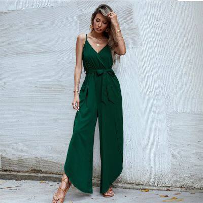 New Casual Suit Suspenders V-neck Commuter Top Solid Color One-piece Mid-length Pants Women photo-3