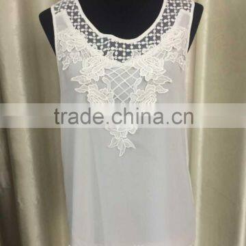 back cage o- neck chiffon sleeveless blouse with lace and organza