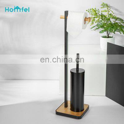 Bathroom Toilet Paper Holder Toilet Brush Holder With Bamboo Base Bathroom Storage Matt Black photo-2