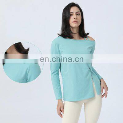 2023 New Fashion Blank Solid Color Long Sleeve Sport Gym Yoga Top Women Workout Running Activewear Pullover Built In Bra T Shirt