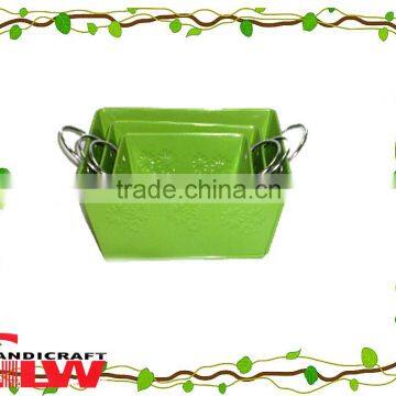 set of 3 handmade and durable rectangular shaped metal buckets for home storage with handle and flower patterns