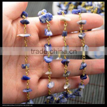 LFD-003C ~Wholesale DIY Gold Plated Wire Wrapped Freeform lapis Chips Chain Gemstone Beaded Jewelry Finding