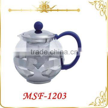 2015 wholesale low price glass tea pot with ultra-fine tea strainer & colorful plastic handle MSF-1203