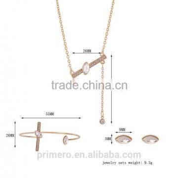 Wedding Women Gold Plated Lovely Charm Rectangle Earring Necklace Ring 3 Pcs Statement Jewelry Set