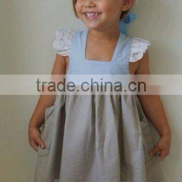 Good quality baby girls pinafore princess dress eyelet linen cotton baggy pretty dress for children