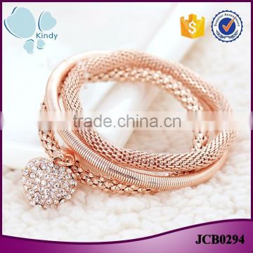 Fashion gold rose gold plated rope zinc alloy rhinestone heart pendant charm bracelet                        
                                                                                Supplier's Choice