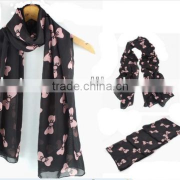 Fashion scarf, long printed acrylic chiffon scarf or polyester chiffon scarf with bows 2013