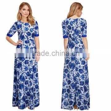 Women Ladies Summer Autumn Blue and White porcelain Dress Maxi Floral Chiffon beach Dress