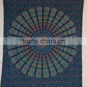 Bohemian Block Printed Bed Sheet /Bed Spread Hippie Mandala Indian Tapestry, Blue Cotton Mandala Bed cover