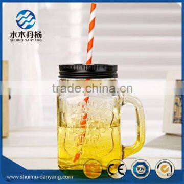 450ml yellow mason glass jar drinking bottle with handle