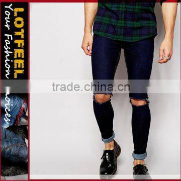 jeans stocklot Distressed denim man jeans pant with Rip Knee (LOTA077)