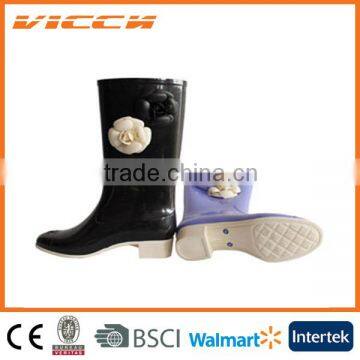 beautiful flower high heel cheap lady pvc rain boots