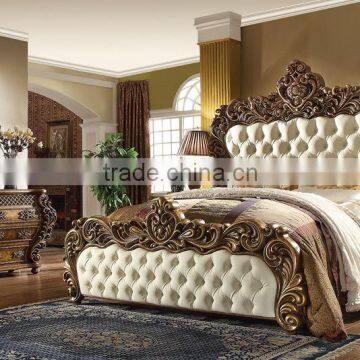Bisini Italian Royal Hand Carved Wooden Bedroom King Size Bed With Leather Headboard/European Solid Wood Furniture(MOQ=1 SET) photo-3