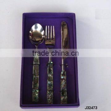 Steel Cutlery set with mosaic of green mother of pearl