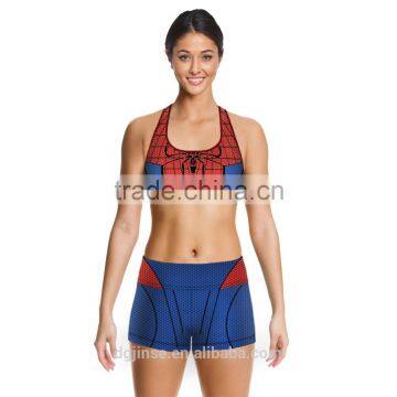 The new sportswear ladies spider-man digital print padding shockproof tight fitness yoga sexy fancy bra panty set for women