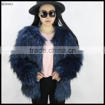 New Style Modern Ladies Blue Knitted Raccoon Faux Fur Coat