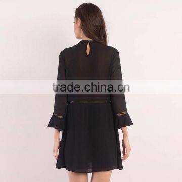 HAODUOYI Sexy Soild Black Women Dress Butterfuly Long Sleeve Lace Stitching Hollow Out Deep V-neck Vestidos for Wholesale photo-3