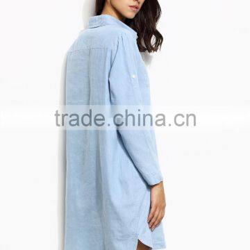 Blue Roll Tab Sleeve High Low Denim Shirt Dress With Pockets On Chest Casual Short Dress With Buttom photo-5