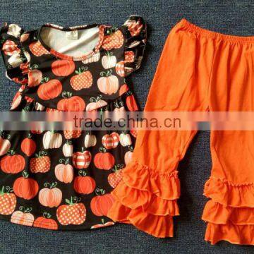 2017 Fashion Pumpkin pearl dress with ruffle pants outfits for halloween wholesale children's boutique clothing