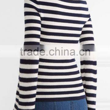 Among Best Selling Bell Sleeved Navy Blue and White Striped Women Spring Sweater photo-3
