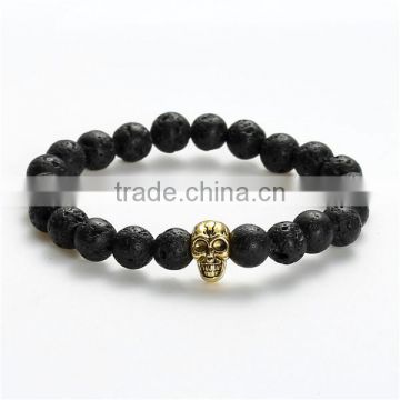 New Fashion Stone Lava Beaded Healing Bracelet Black Gold Tone Antique Gold Halloween Skull Elastic 22.5cm long