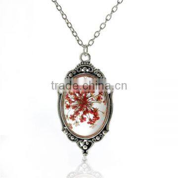 Glass Bottle Locket Necklace Antique Silver Link Cable Chain Oval Pendant Transparent With Pink Dried Flower 46.5cm long