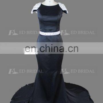 Elegant Cap Sleeve Beaded Court Train Black Long Evening Dress For Fat Women photo-5