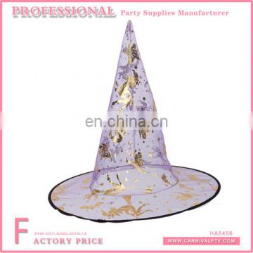 Light purple witch hat with gold pumpkin and broom pattern ptinted on the hats for festival favor