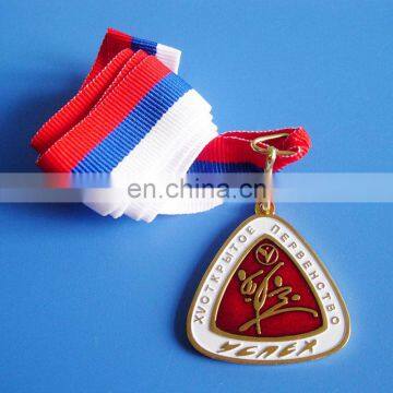 Special Russian triangle shape embossed logo with enameled background medallions for taekwondo