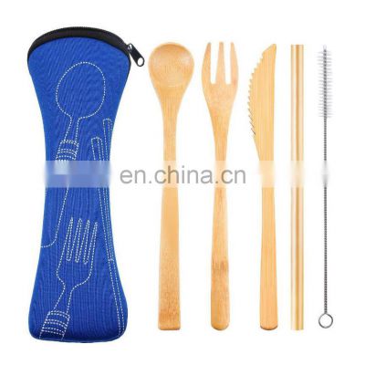 Wooden Flatware Cutlery Set Bamboo Straw Dinnerware Set With Cloth Bag Knives Fork Spoon Dishes Chopsticks Travel Tool Wholesale