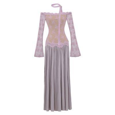 Pure desire style off-shoulder lace patched faux two-piece long sleeve dress, new autumn waist-cinching slim and elegant long dress