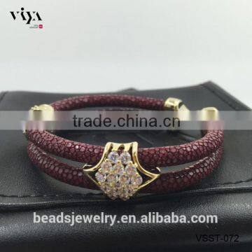 2016 Wholesale Luxury Stingray/ Python Leather Silver Bracelet With Rose Gold Clasps White Diamond photo-4