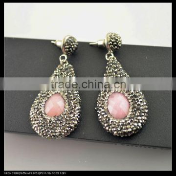 LFD-067E Wholesale Pink Agate Stone Pave Rhinestone Crystal Drop Earrings Charms Jewelry Finding