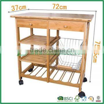 100% Bamboo Lengthen Size (72cm) Kitchen Trolley with Shelves & Drawer Storag