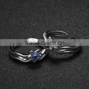 white copper jewelry ring blue gemstone setting open fashion ring for women