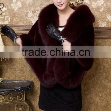 Coffee Color Rex Rabbit Fur Poncho With Fox Fur Collar