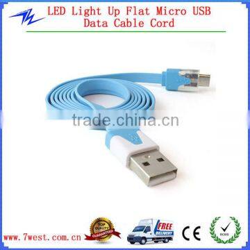 2014 New Products Flat Micro USB Data Charger Cable with LED light for HTC Nokia Samsung Galaxy s4/s5
